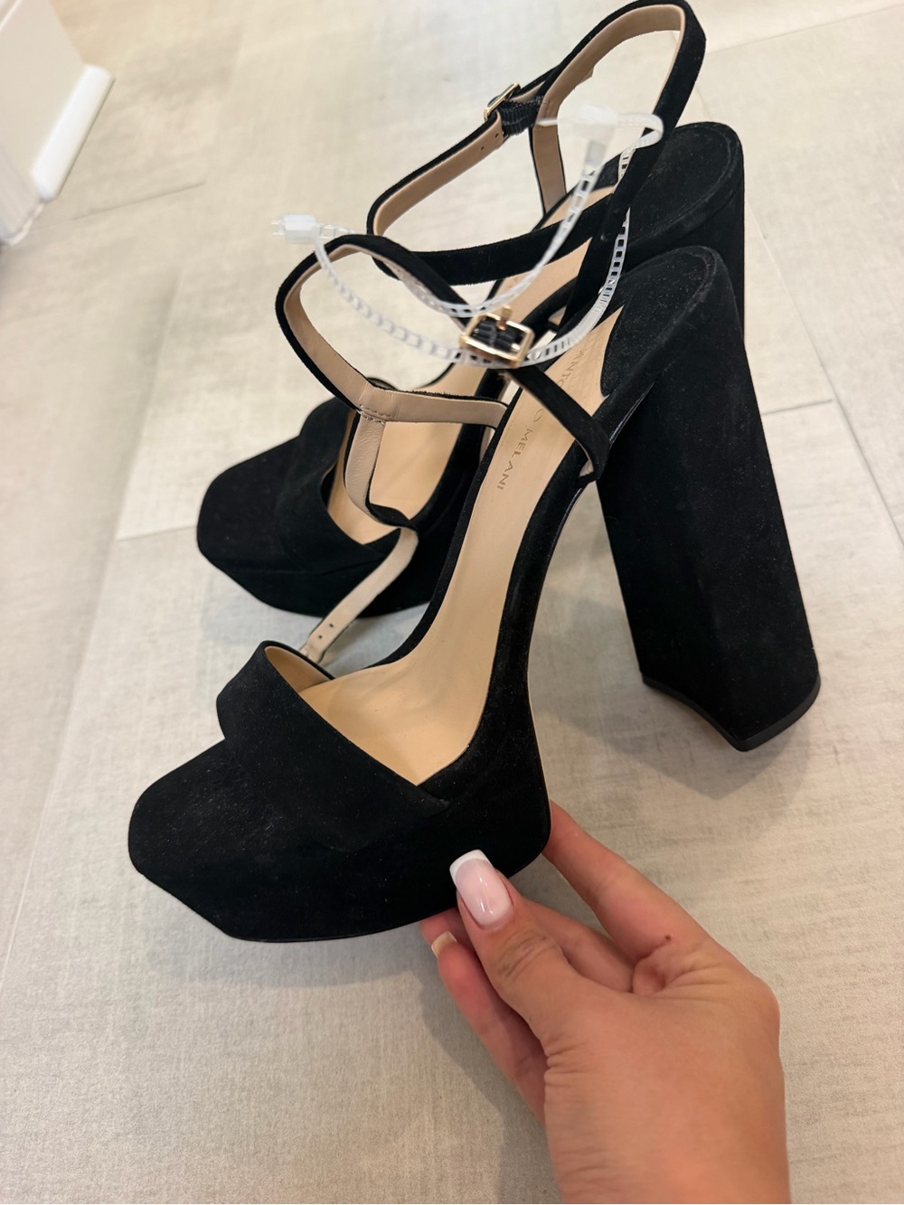 ANTONIO MELANI Black Suede Platform Ankle Strap Heels